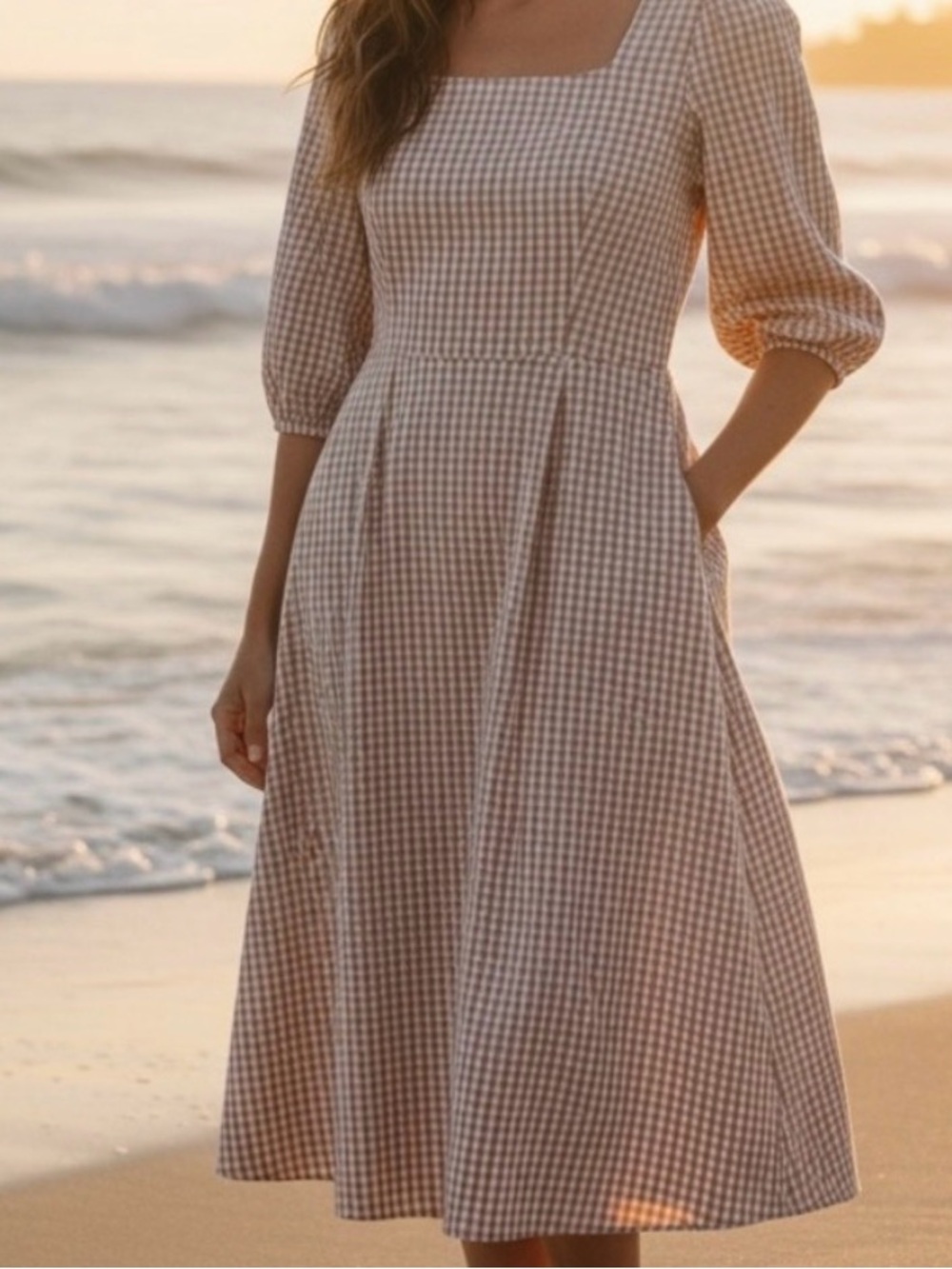Pomelo rose pink gingham dress size XXL. 3/4 sleeves, square neckline.Waisted.